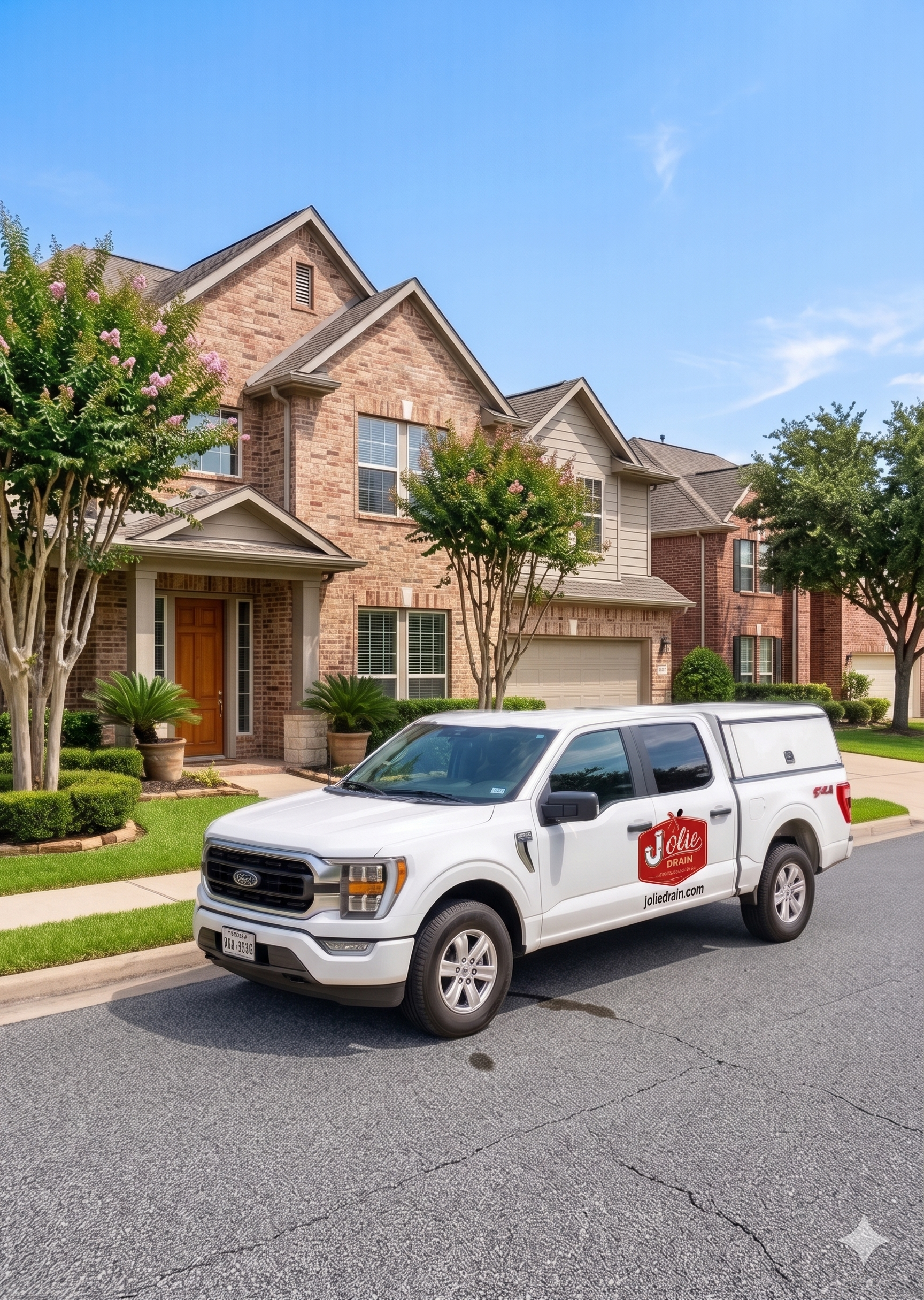 Jolie Drain truck outside a brick home